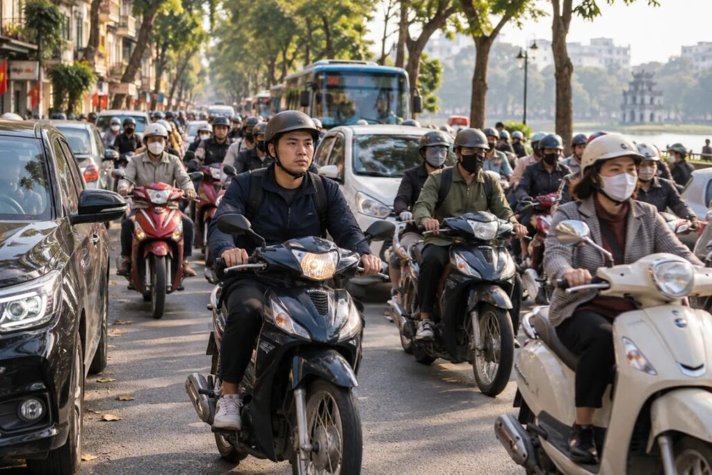 Helmeted motorbike riders in dense city traffic.