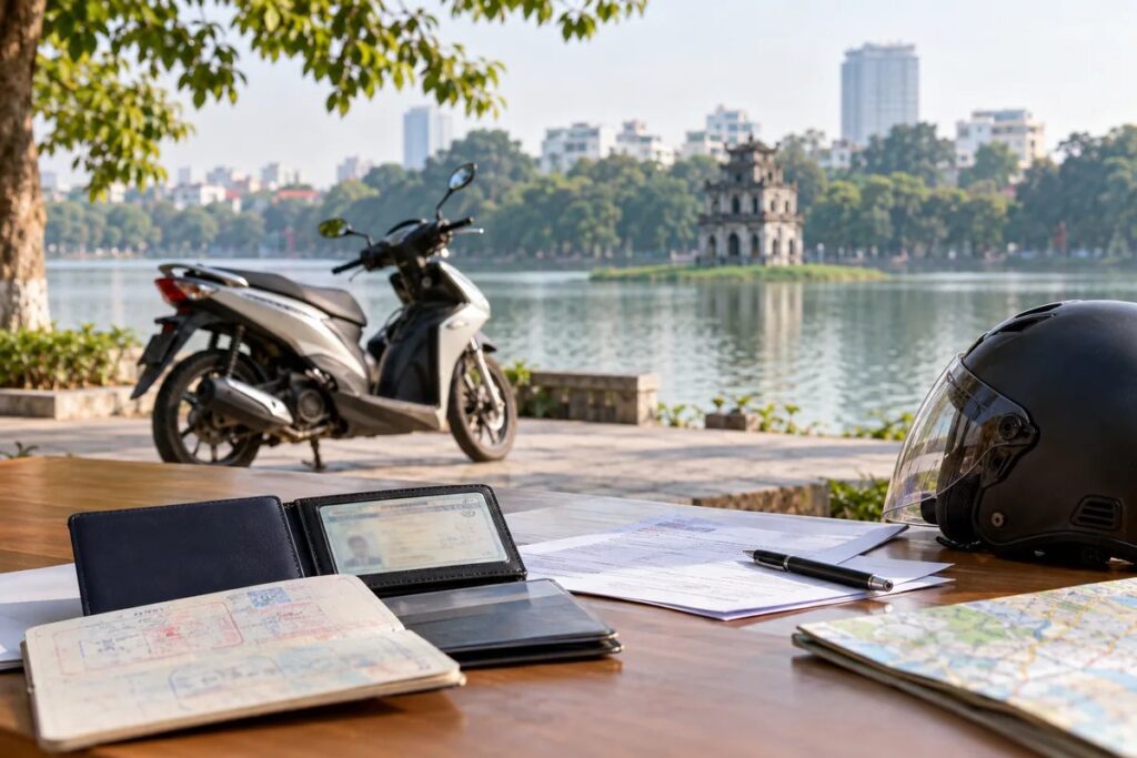 Documents, a passport, a laptop and a helmet on a table with a parked scooter by a lake behind.