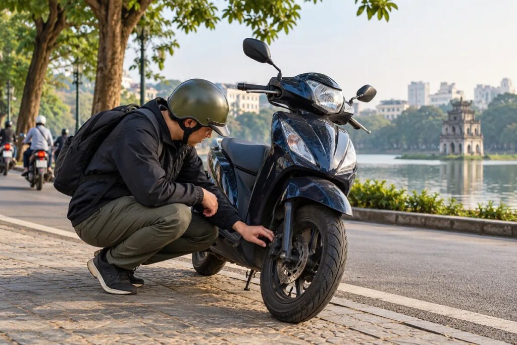 A helmeted person crouches beside the front wheel of a parked scooter.