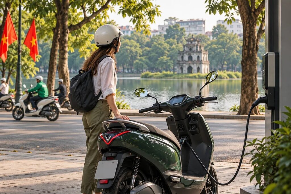 A customer stands beside a parked electric scooter connected to a charger.