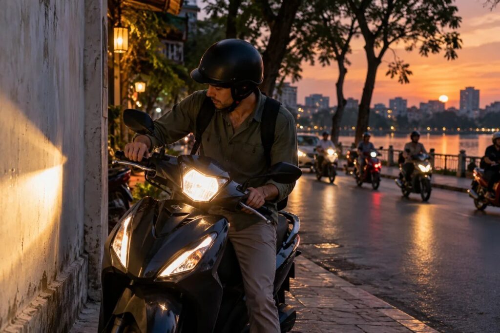A helmeted person checks a motorbike headlight beam against a wall at dusk.