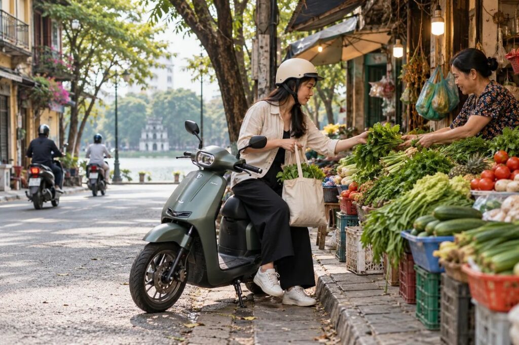A scooter rider buys vegetables at a market stall with the bike parked alongside.