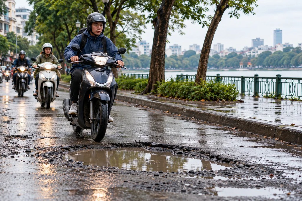 A scooter rider approaches a water-filled pothole in the road.