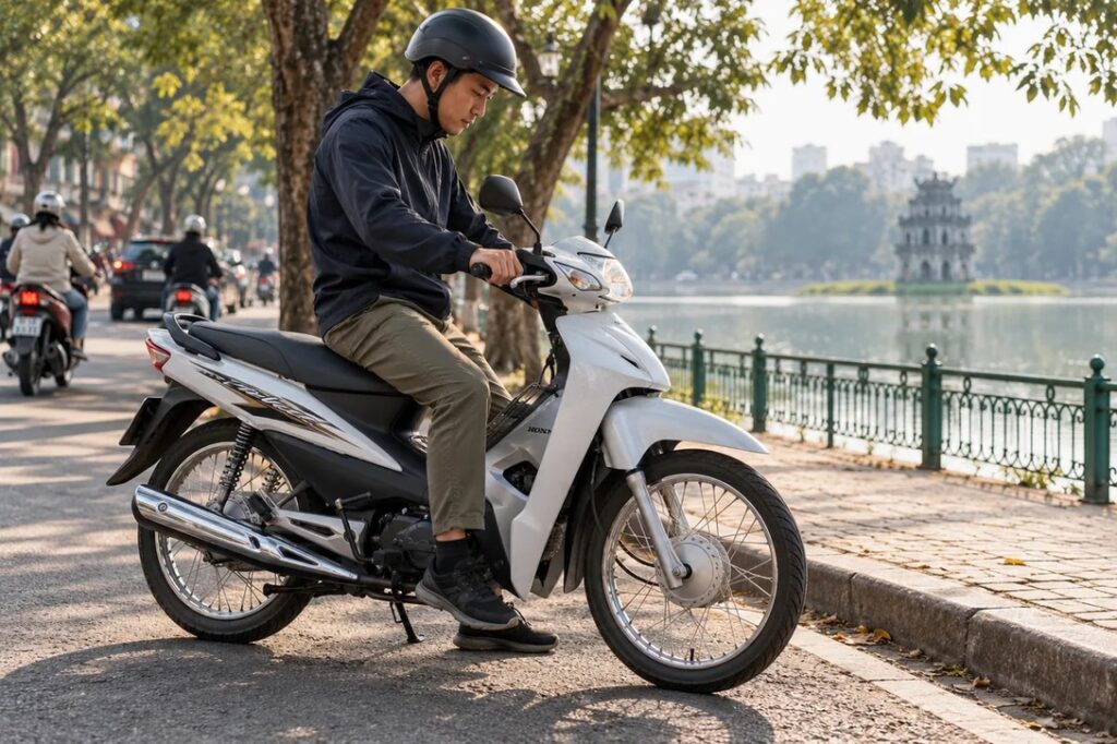 A helmeted rider examines the instruments and controls of a parked geared motorbike.