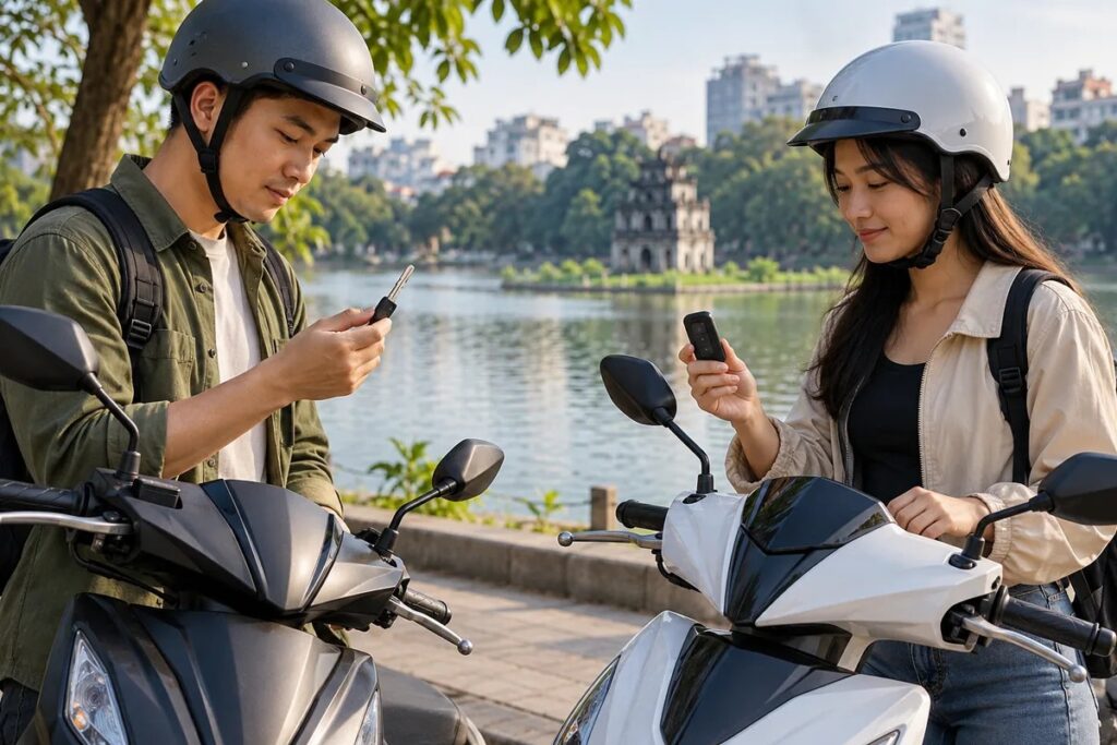 Two customers examine a handheld device beside a white scooter.
