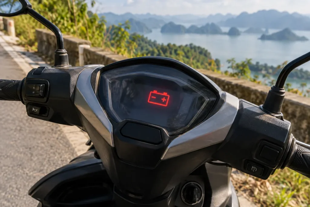 Red battery warning symbol illuminated on a scooter dashboard.