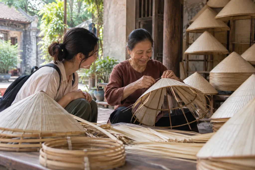 Two women working with conical hat frames and woven materials.