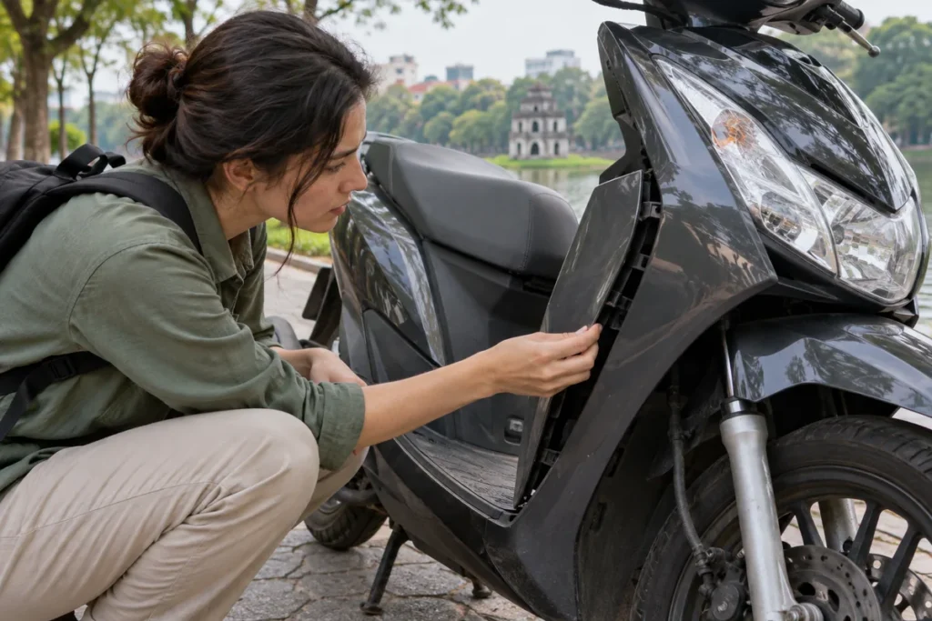 Traveller examining a scooter side panel while the bike is parked.